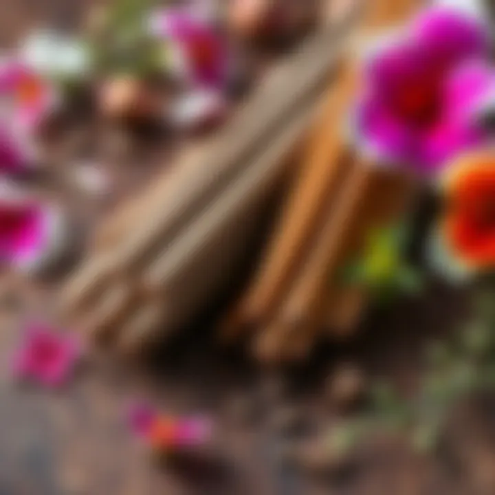 A close-up of Kyphi incense sticks arranged on a wooden surface, with natural herbs and flowers surrounding them.