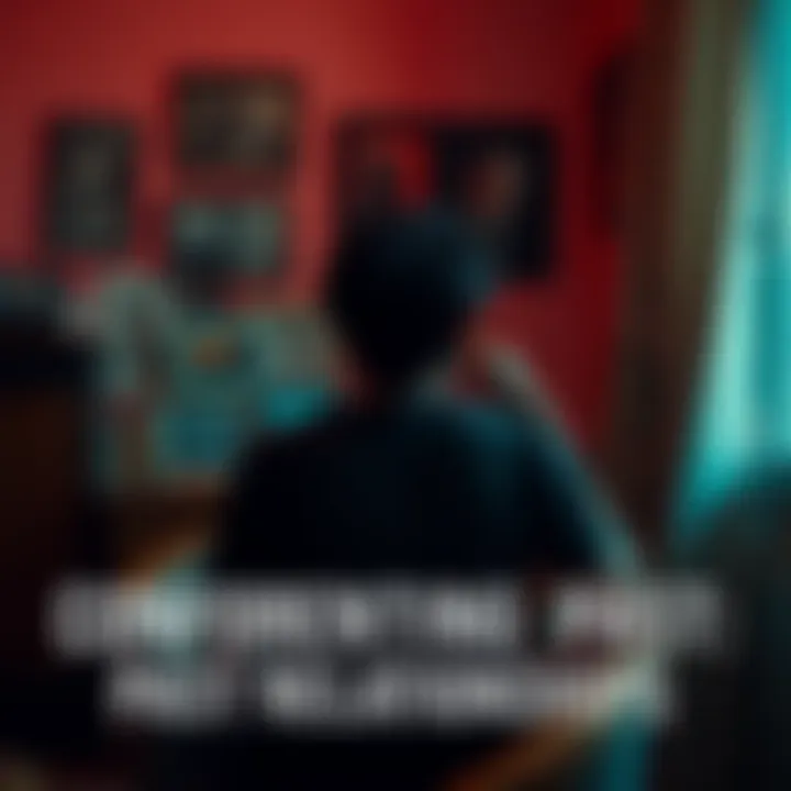 Author Reflecting on Past Relationships A person sitting alone in a room, looking thoughtfully at old photographs, showing emotions of regret and reflection on past relationships.