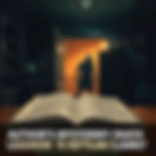 A dimly lit room with a book on reptilian encounters open on a table, while a shadowy figure lurks in the background