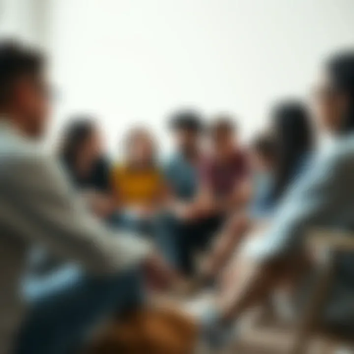 A diverse group of autistic individuals sitting in a circle, sharing their thoughts and experiences with each other, looking engaged and connected.