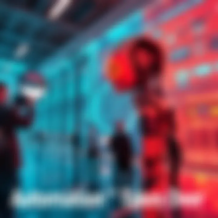 A digital world where robots and AI replace human jobs, with a visual of people watching machines take over tasks.