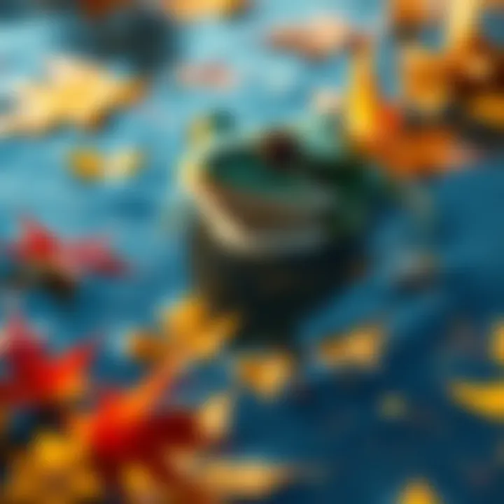A frogman partially submerged in water with autumn leaves floating around, set against a colorful fall background.