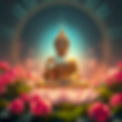 A serene depiction of Avalokiteshvara surrounded by lotus flowers, symbolizing compassion, with a representation of Amitabh Buddha in the background radiating light.