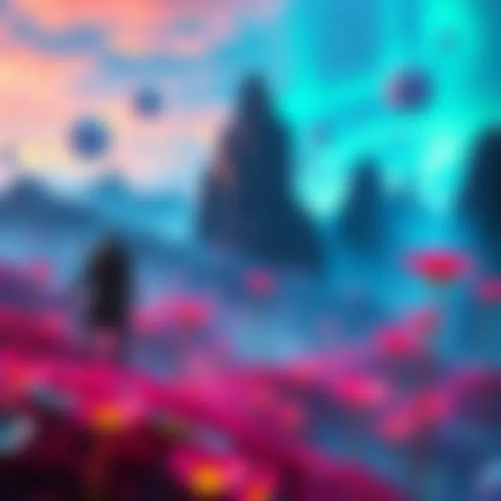A vibrant, alien landscape with floating mountains and bioluminescent plants, resembling the world in Avatar.