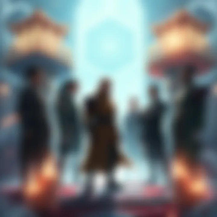 A scene showing the characters from Avatar: The Last Airbender, with the secretive White Lotus members in the background, discussing their plans for the Avatar.