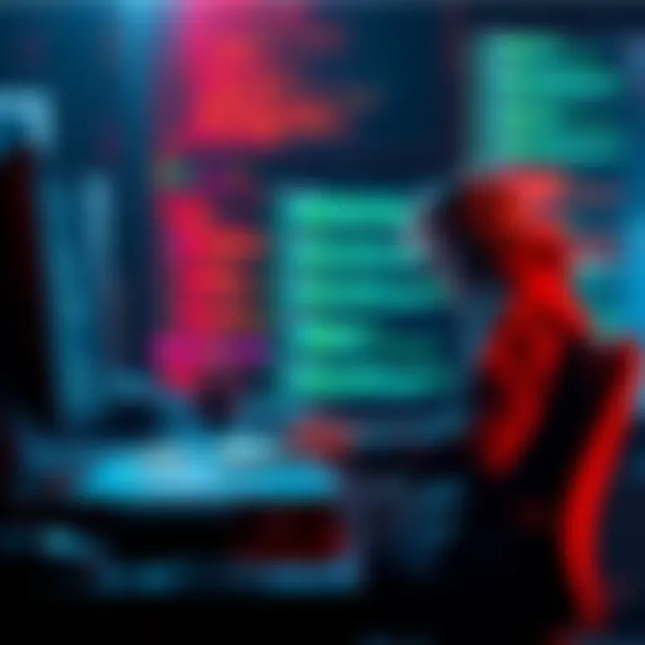 Avery sitting at a desk, typing on a laptop with code on the screen and digital glitches in the background.