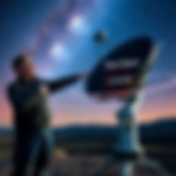 Avi Loeb standing in front of a radio telescope, pointing to a starry sky, with a graphic overlay of the Wow! Signal and 3I/ATLAS highlighted.