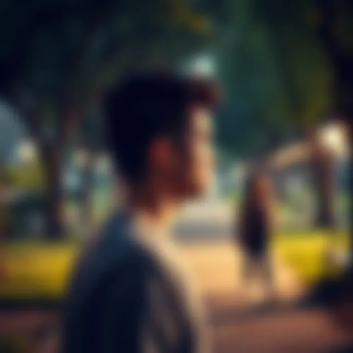 Person Avoiding Another A person with a thoughtful expression looking away from another person in a park setting, symbolizing unresolved feelings and avoidance.