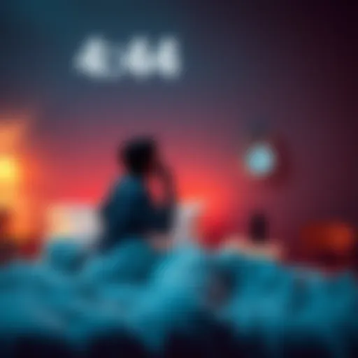 A person sitting up in bed looking thoughtful in a dimly lit room with a clock showing 4:44 AM