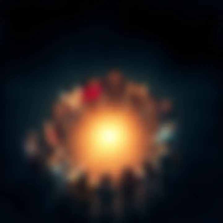 A diverse group of people standing together in a circle, symbolizing unity and self-awareness, with a bright light representing collective consciousness in the center.