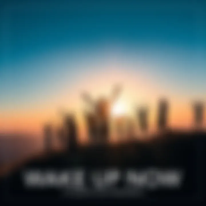 Awakening Connection A group of diverse people standing on a hill, looking at the rising sun with arms raised, symbolizing unity and empowerment in the cosmic cycle.