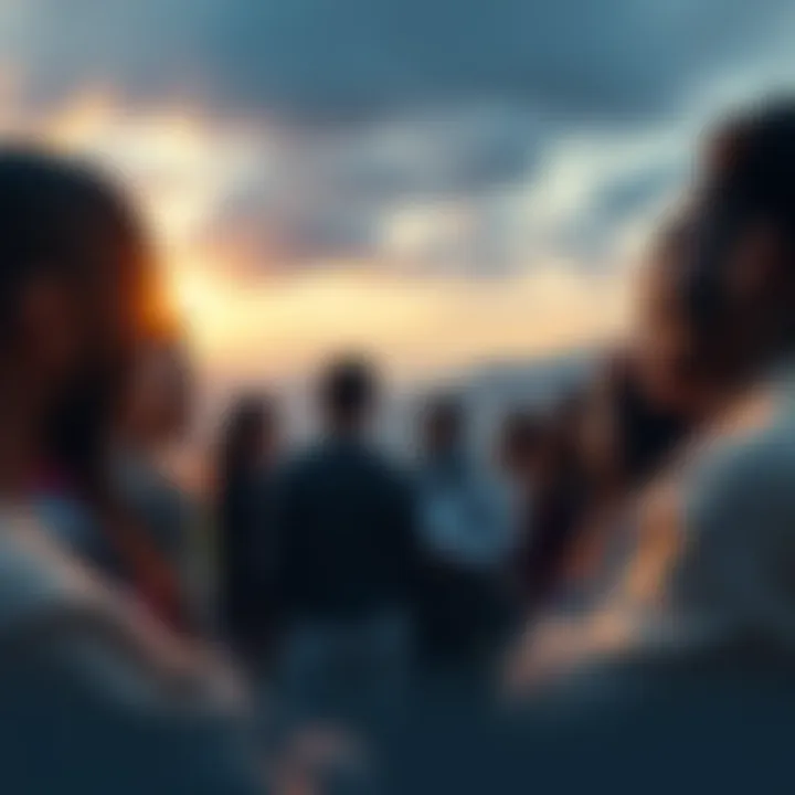 A group of diverse people reflecting on their experiences of awakening in a serene outdoor setting, sharing thoughts and emotions.