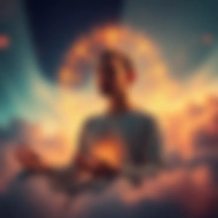 A person meditating with a glowing aura around their head, symbolizing a second consciousness. The background features soft, calming colors to enhance focus and introspection.