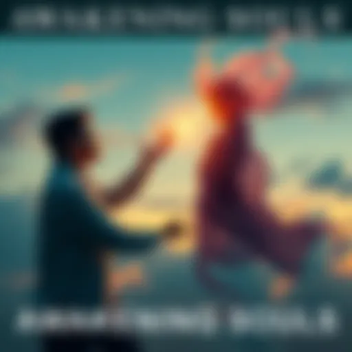 A person reaching out to another who appears lost in thought, symbolizing the connection between the spiritually awakened and those who are not, set against a serene background.