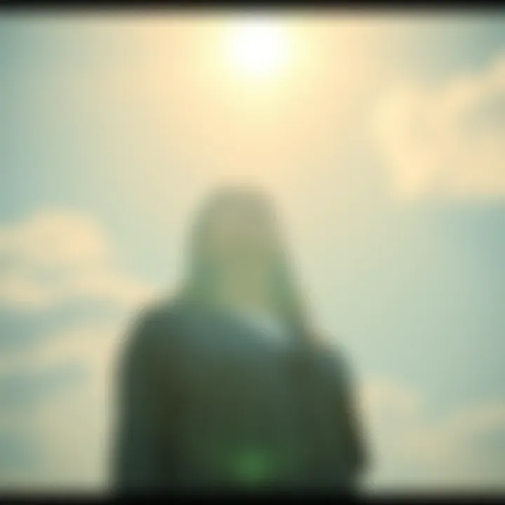 A serene figure standing under the bright sky, symbolizing clarity and heightened perception, surrounded by soft light.
