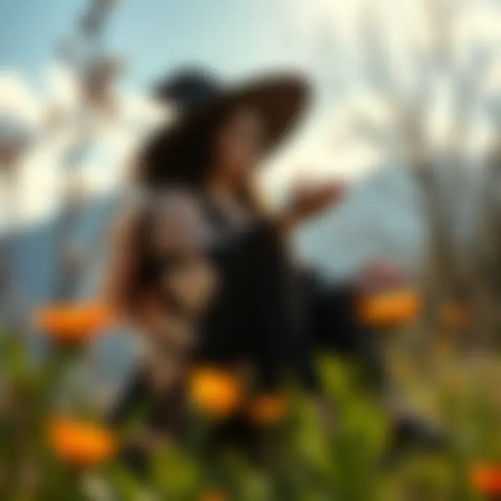 A woman surrounded by nature, performing a ritual on a sunny morning