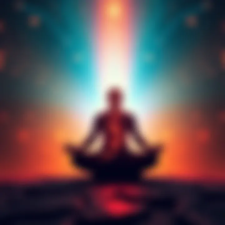A person meditating with energy flowing upwards along their spine, symbolizing the awakening of kundalini.