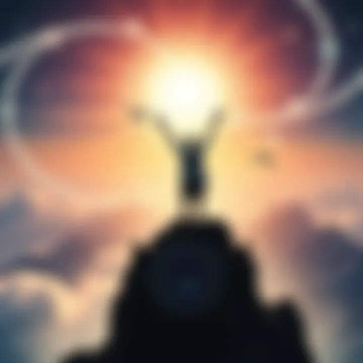 A person standing on a mountain peak with arms raised, surrounded by cosmic lights and energy, symbolizing a journey to higher consciousness.