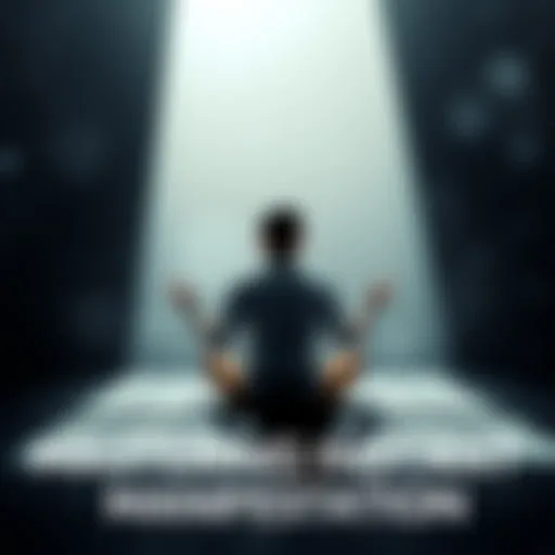 A person meditating in a peaceful setting, surrounded by light, symbolizing awareness, while shadows representing ego linger in the background.