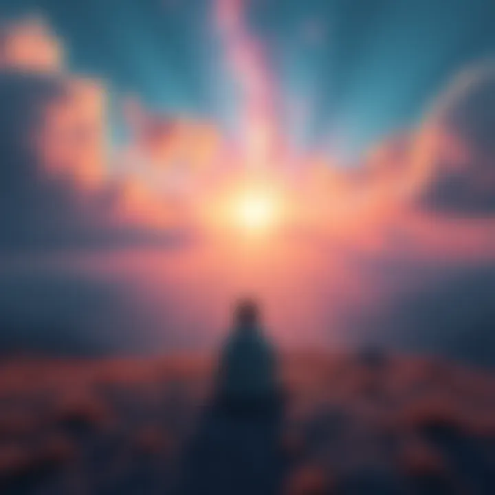 A person sitting calmly in a serene landscape, reflecting on their dreams and thoughts, symbolizing awareness and unity.