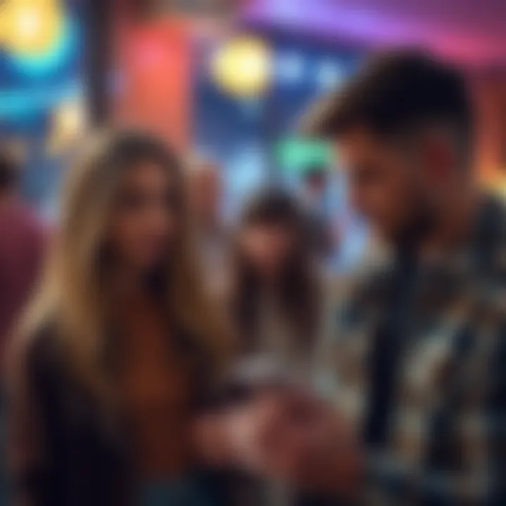 A girl looks worried after a conversation while a guy shows her picture to his friends, indicating mixed signals in a budding relationship.