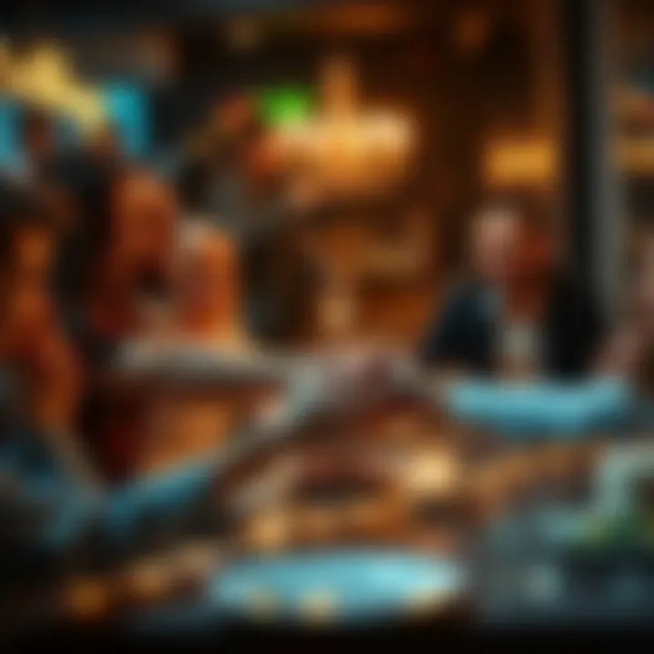 People laughing and shaking hands at a birthday dinner table