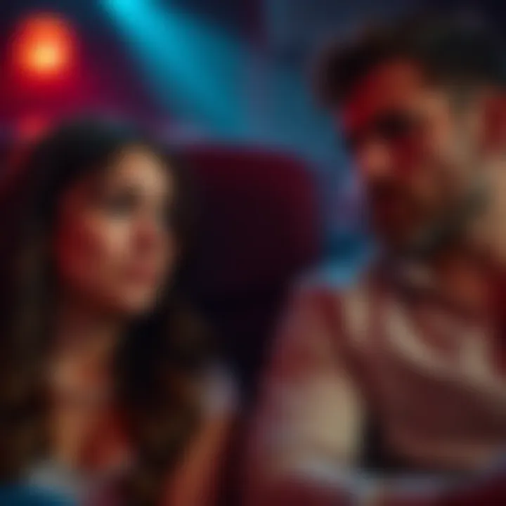 A woman looks uncomfortable during a first date at the movies as a man gives her an unsettling glance.
