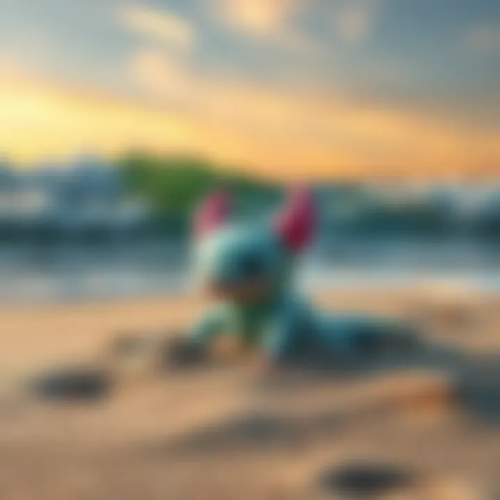 A cute axolotl plushie placed on a sandy beach with waves in the background, symbolizing devotion to Leviathan
