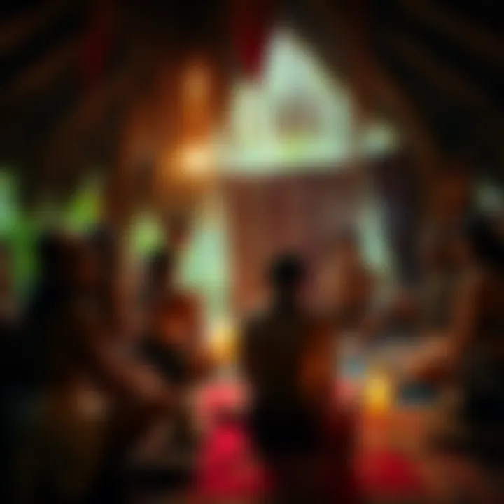 Ayahuasca Ceremony A gathering of people participating in an Ayahuasca ceremony, surrounded by nature and traditional ceremonial items.