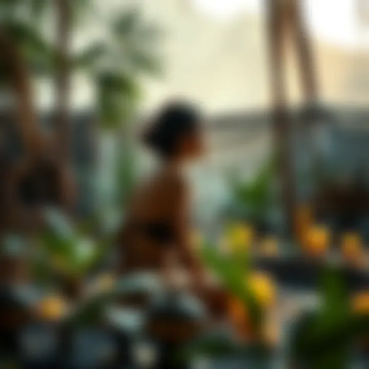 Ayahuasca Ceremony A young woman sitting in a serene setting during an Ayahuasca ceremony, surrounded by plants and candles, reflecting on her journey of personal growth.