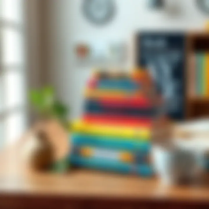 A collection of beginner-friendly Ayurveda books stacked on a wooden table, with a plant and a cup of herbal tea beside them.