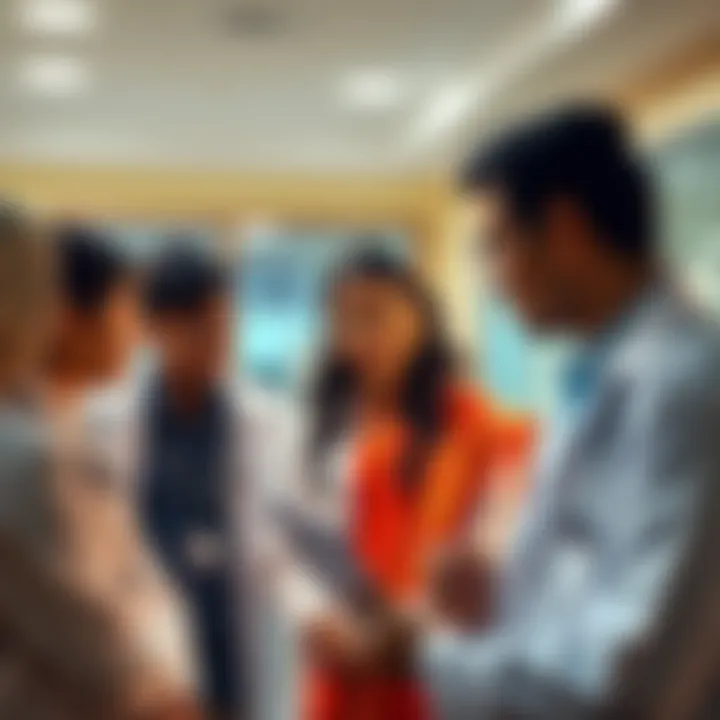 A group of Ayurveda physicians consulting with a young person about health issues like bloating and acid reflux in a clinic setting