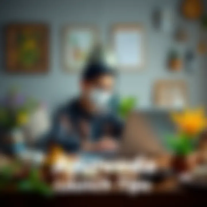 A person working on a laptop with Ayurveda elements like herbs and traditional medicine in the background