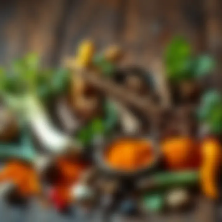 A collection of Ayurvedic herbs and spices used for healing, set on a wooden table