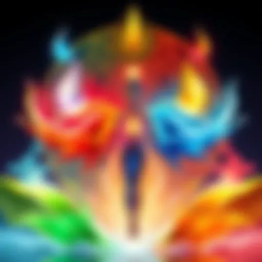 A colorful illustration showing the three Ayurvedic doshas: Vata, Pitta, and Kapha represented by symbols and elements like air, fire, and water.