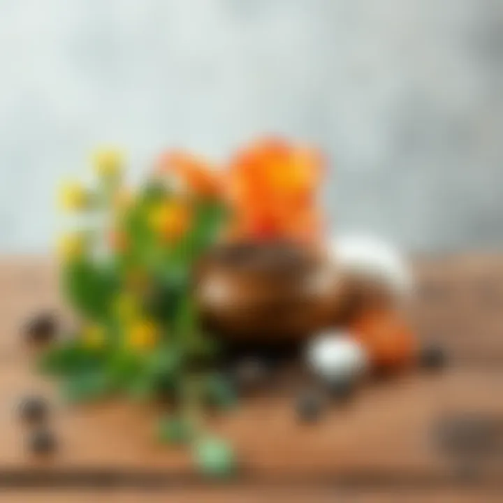 Brahmi, Jatamansi, and Rutina herbs arranged on a wooden table with a calming background