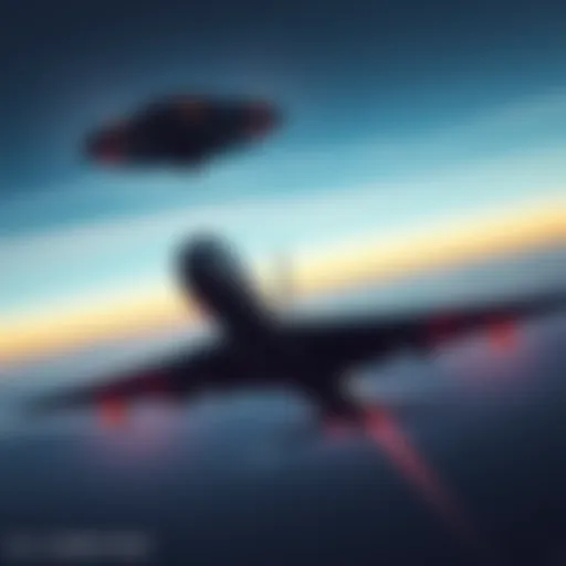 A B-52 bomber flying with a UFO alongside, showing non-human intelligence looking out of the UFO windows.