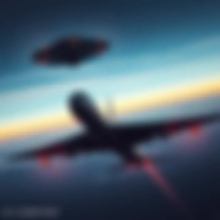 A B-52 bomber flying with a UFO alongside, showing non-human intelligence looking out of the UFO windows.