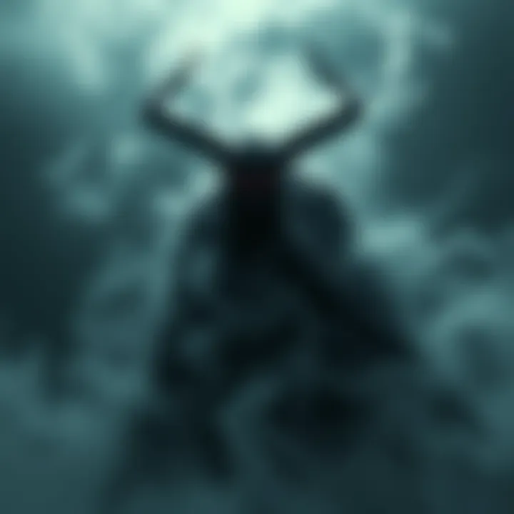 An artistic representation of Baal, depicting a shadowy figure surrounded by swirling mist, symbolizing invisibility and secrecy.