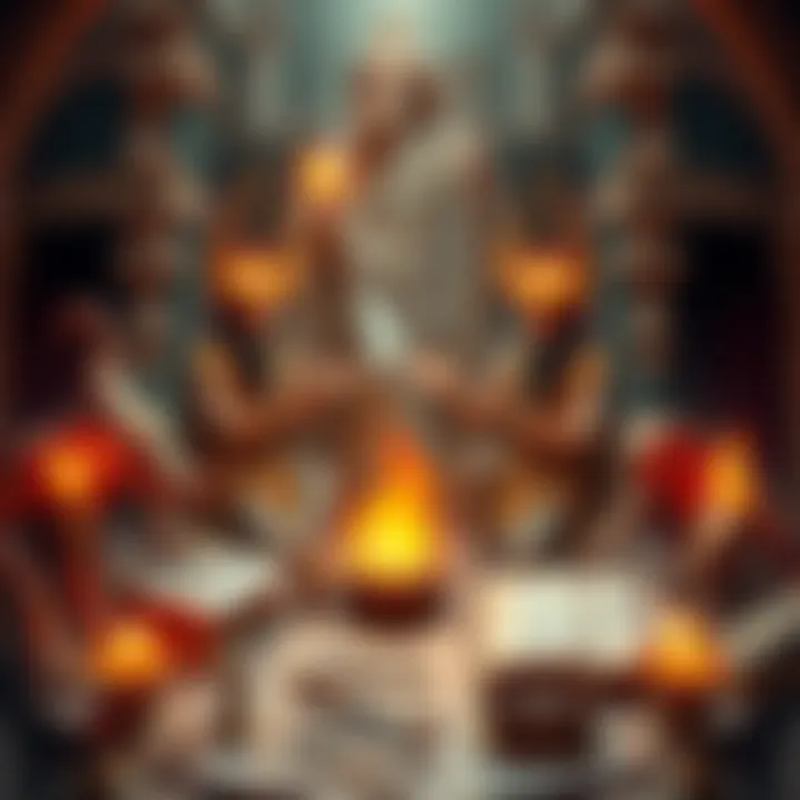 An artistic depiction showing symbolic representations of Baal and Molech with ancient artifacts and texts around them.