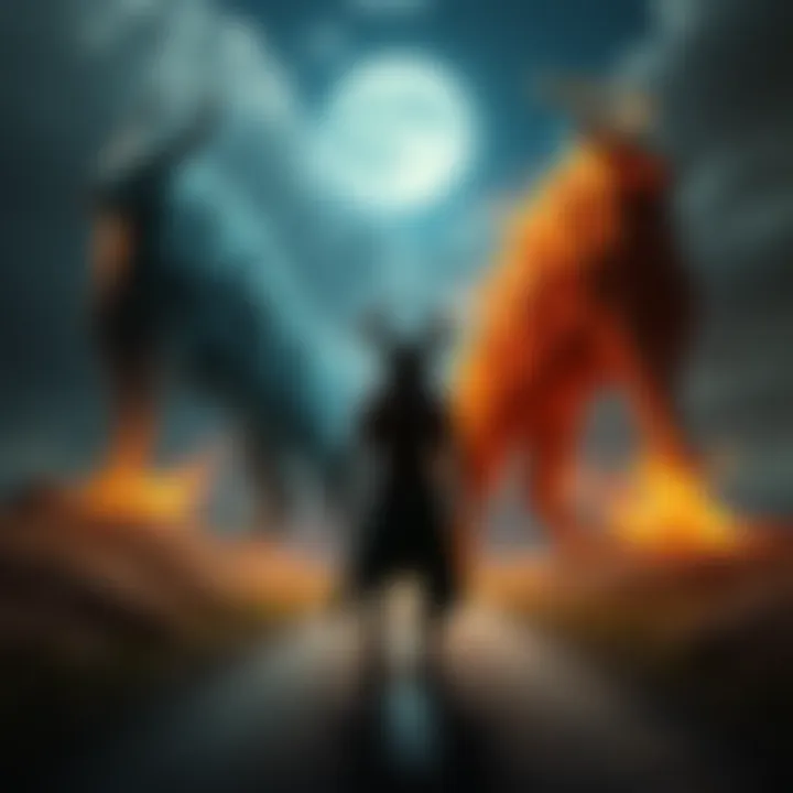 A person standing at a crossroads, contemplating worship to Baal or Moloch, with symbols of each deity in the background, representing the decision of sacrifice.