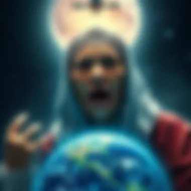 A depiction of Baba Vanga with a starry sky and an alien spaceship approaching Earth, highlighting her prediction of alien contact in 2026.