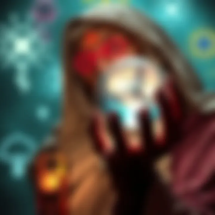 Baba Vanga, the blind seer, gazing into a crystal ball surrounded by symbols of AI and medical advancements