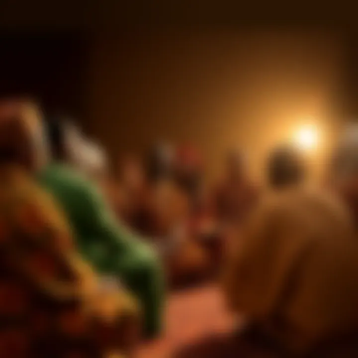 A group of individuals sitting in a circle, sharing experiences and tips for memorizing ese Ifa during their babalawo training. They look engaged and focused on their learning.