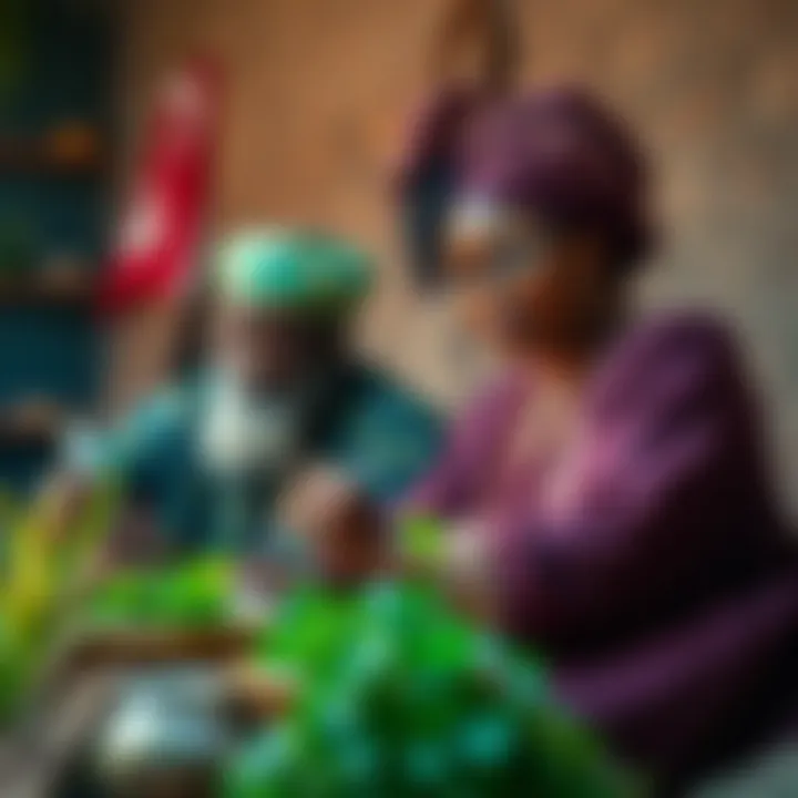 A Babalawo and Iyanifa engaging in herbalism and spiritual practices, surrounded by herbs and spiritual tools, showcasing their work and income generation.