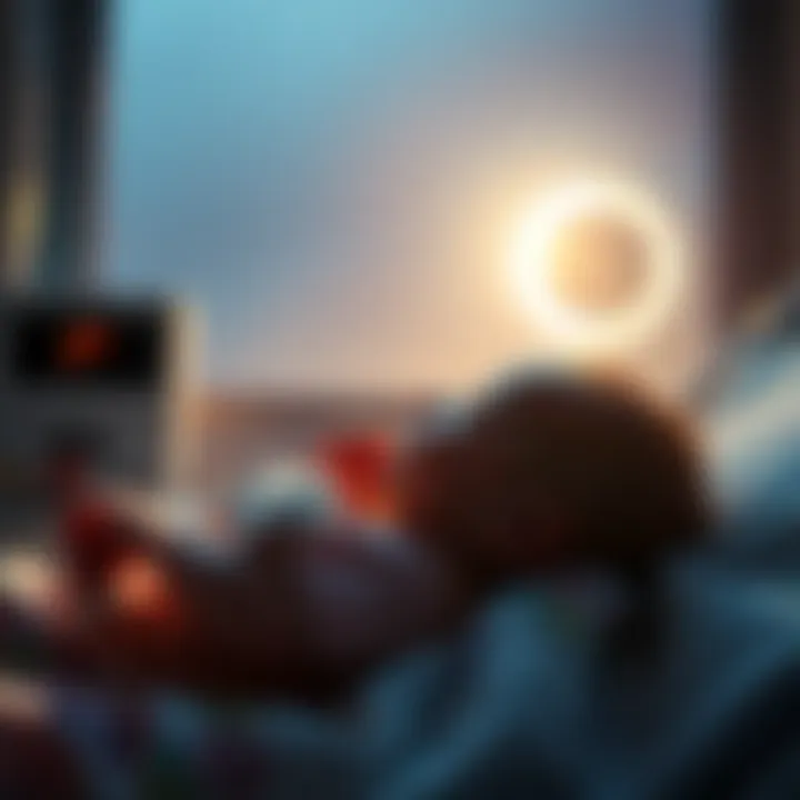 A newborn baby being cradled in the hospital, with a faint eclipse visible through a window in the background.