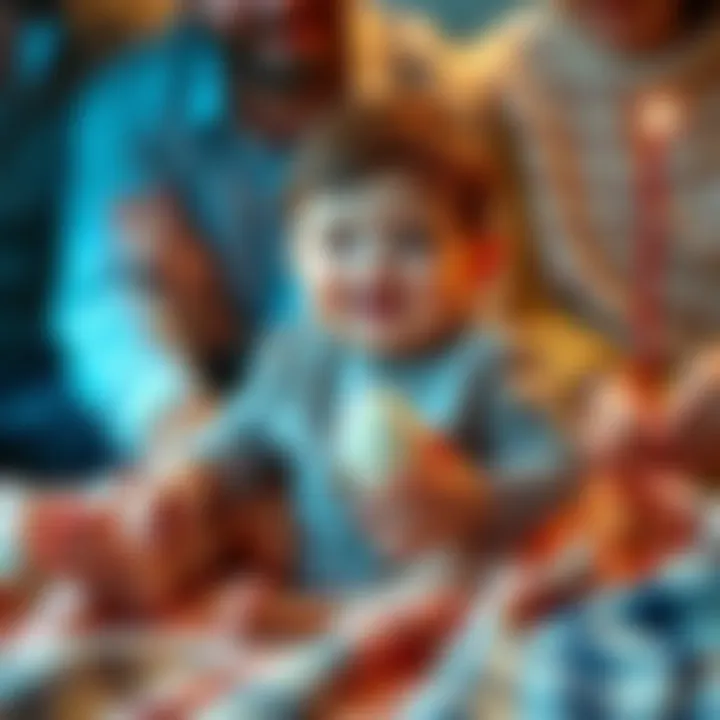 Baby with Egg A baby sitting on a blanket, smiling while holding a decorated egg, surrounded by family members celebrating the special moment.