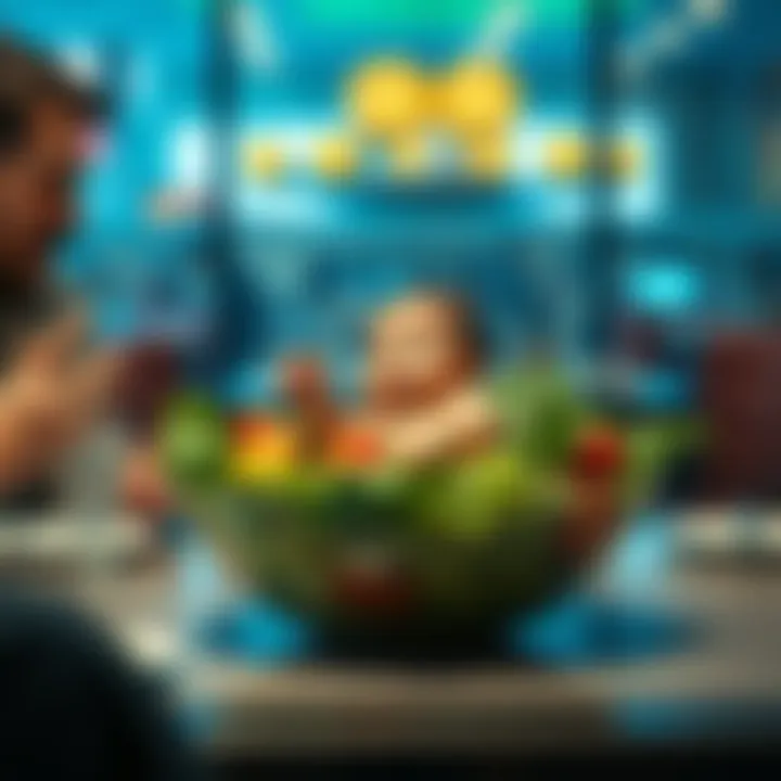 Baby in a Salad Bowl A humorous scene showing a baby placed inside a large salad bowl at a restaurant table, with a surprised stranger about to eat it.