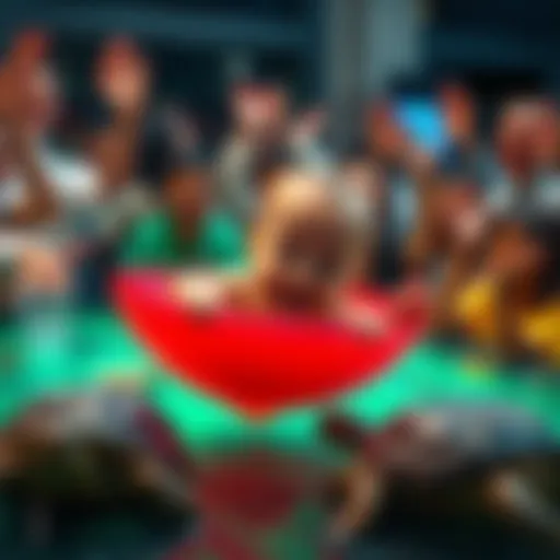 A baby joyfully falls into a colorful jello surrounded by cheering people, with a turtle lurking nearby.