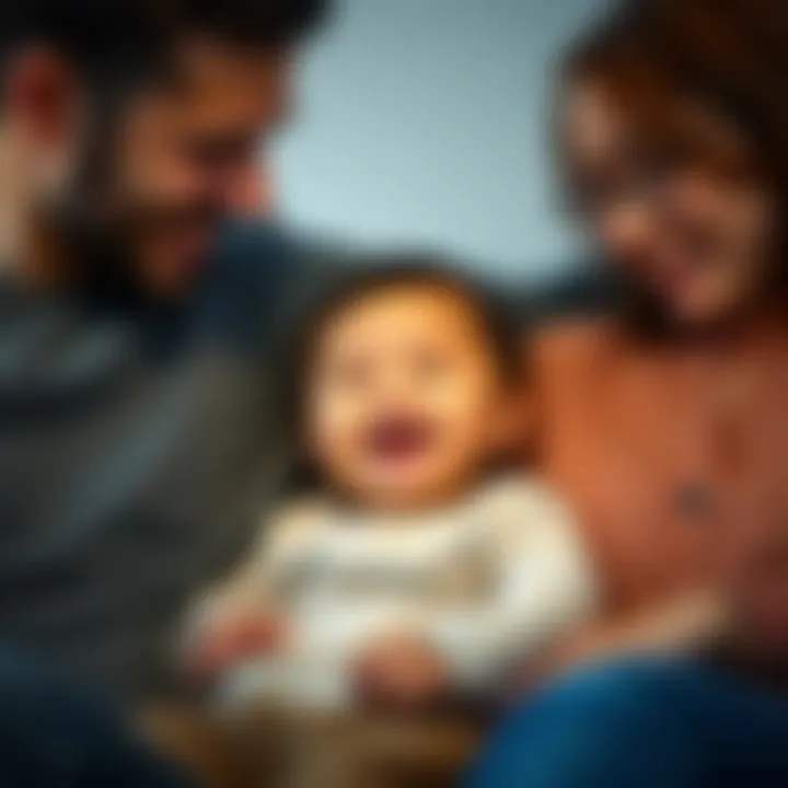 A 7-month-old baby laughs with parents while watching a funny video together on a couch, showing joy and family bonding.